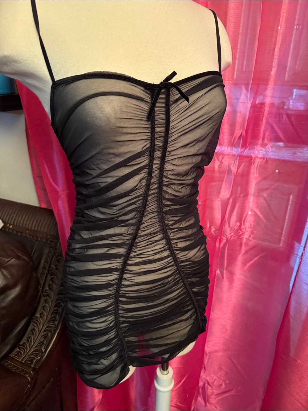 Black Ruched Sheer Slip Dress